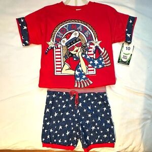 Vintage Bull Frog Girls Outfit Shorts & Tshirt 10 USA Red White Blue Stars Flag